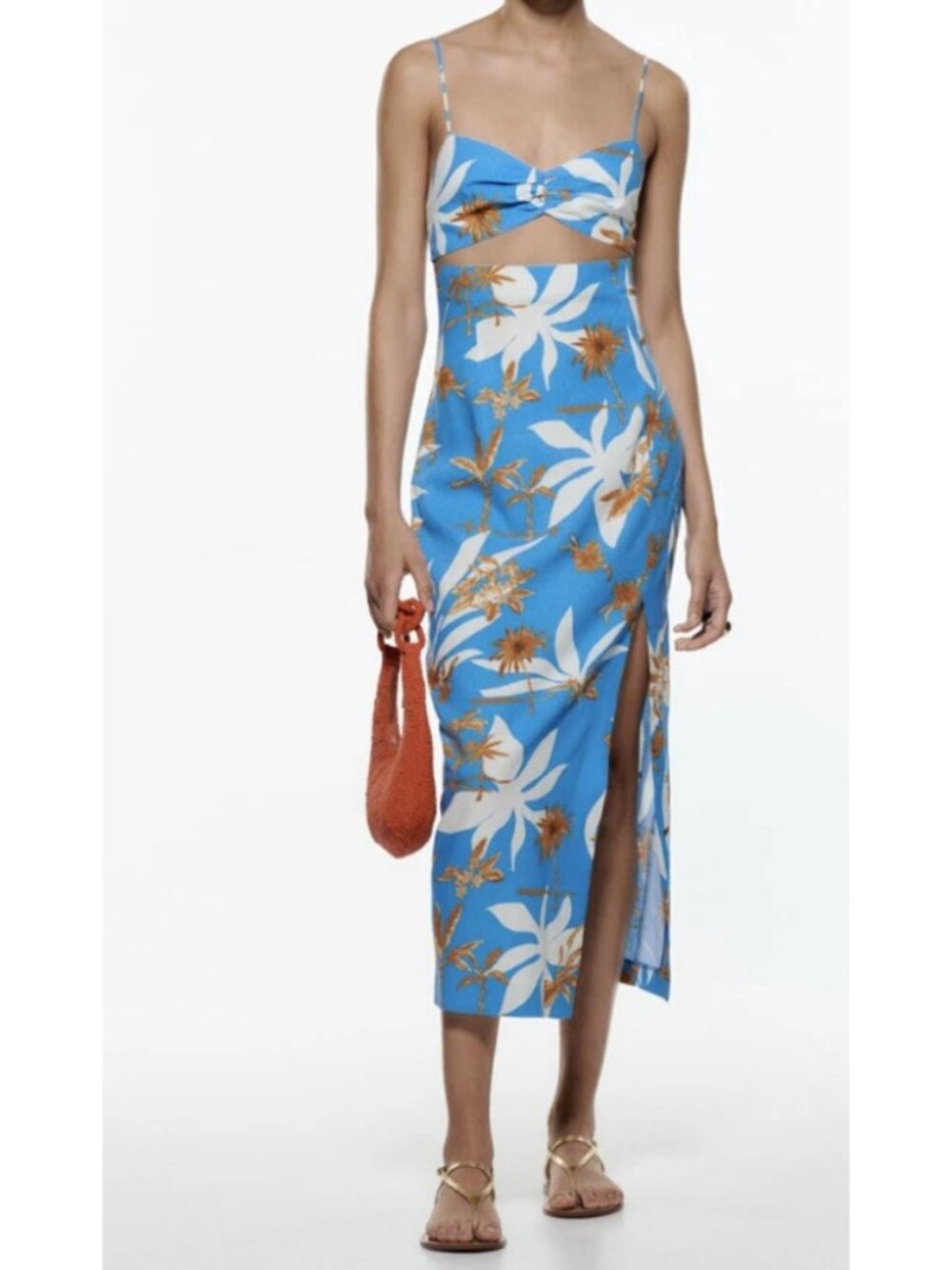 NWT Zara Blue Linen Floral Cut Out Midi Dress Sweetheart Neck Resort Size S